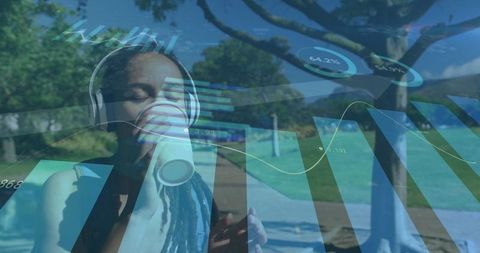 Woman Drinking Coffee With Digital Data Overlay Outdoors