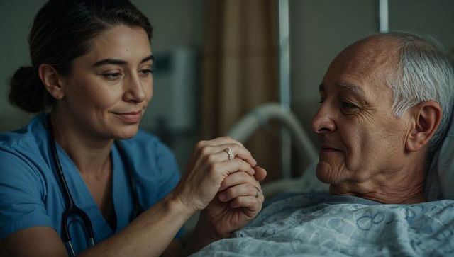 Nurse comforting and holding senior patient hand at bedside showing compassion