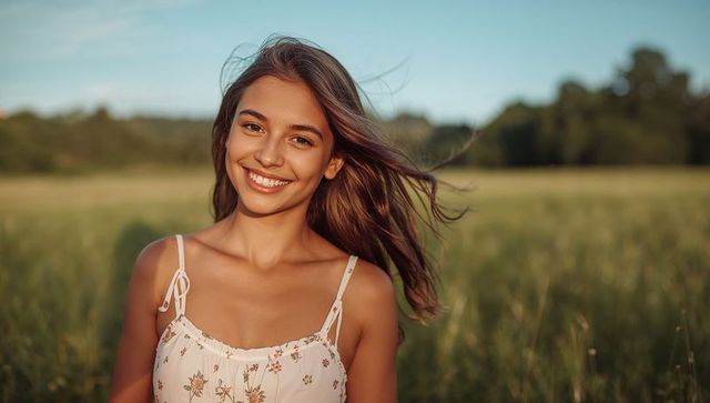 Smiling young woman wearing floral sundress standing in sunlit meadow with windblown hair