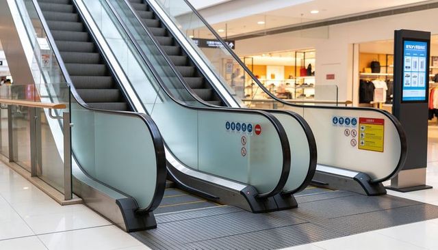 Glassy escalators gliding through bright shopping mall concourse with frosted balustrades