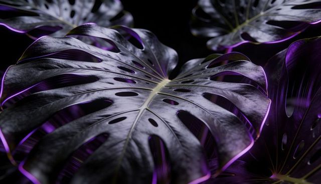 Monstera leaf with neon purple rim lighting showcasing glossy fenestrated tropical foliage