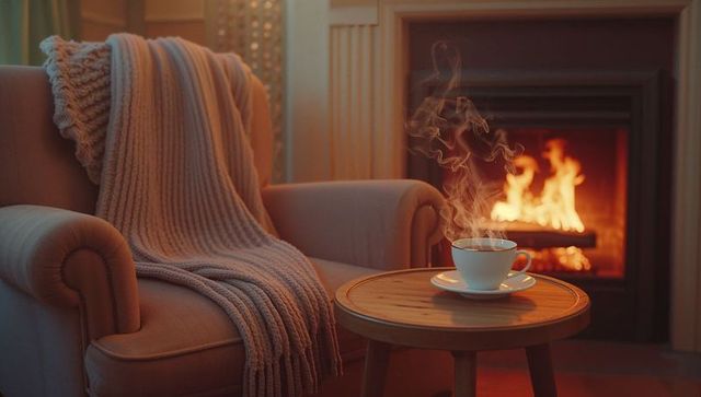Cozy Armchair by Fireplace with Steaming Coffee and Knit Blanket