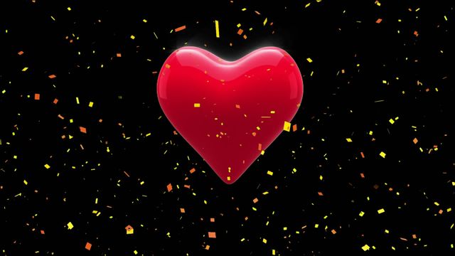 This vibrant animation features a pulsating red heart against a backdrop of falling confetti on a black background. Ideal for conveying themes of love, romance, and celebration, this image can be used for Valentine's Day cards, wedding invitations, and romantic decorations. Perfect for digital media promoting parties, romantic occasions, and heartfelt messages.