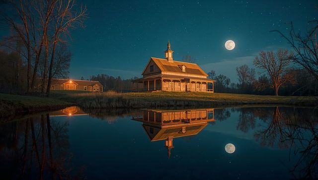 Rustic countryside reflection under full moon serenity