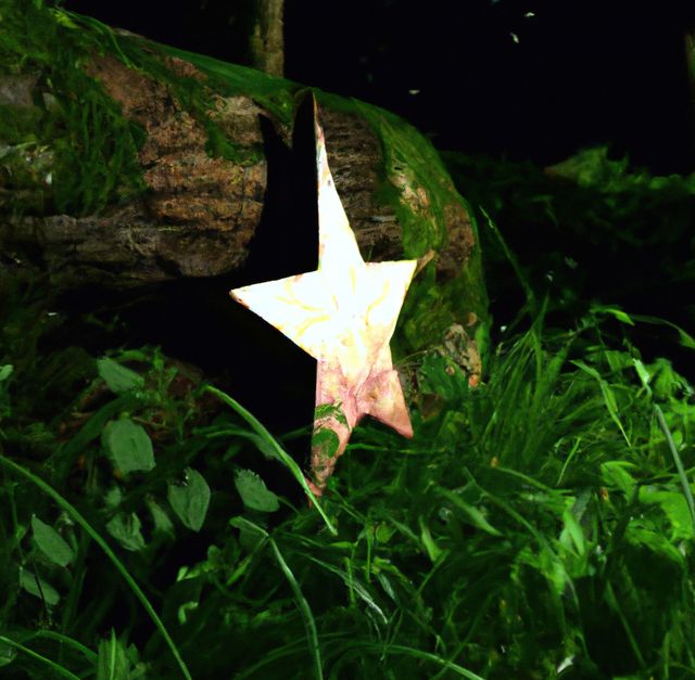 Image of five arm star propped against tree log amongst grass in forest. Christmas, shooting star and nature concept.