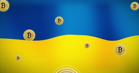 Bitcoin symbols on ukrainian flag digital illustration