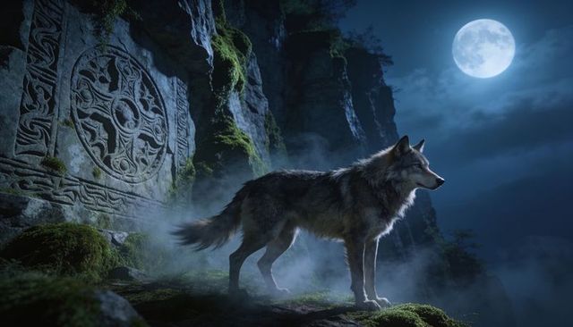 Moonlit lone wolf standing on mossy cliff beside ancient celtic knot carving