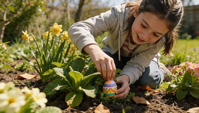 Kneeling girl placing colorful easter egg in sunlit garden bed among daffodils