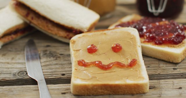 Happy face over peanut butter and jelly sandwich and butter knife on wooden tray. food and nutrition concept