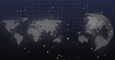 Futuristic Dotted World Map and 3D Globe on Digital Dashboard with Network Data Points