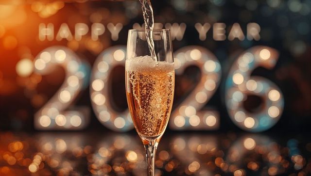 Pouring Champagne into Flute with Golden Bubbles and Happy New Year 2026 Bokeh