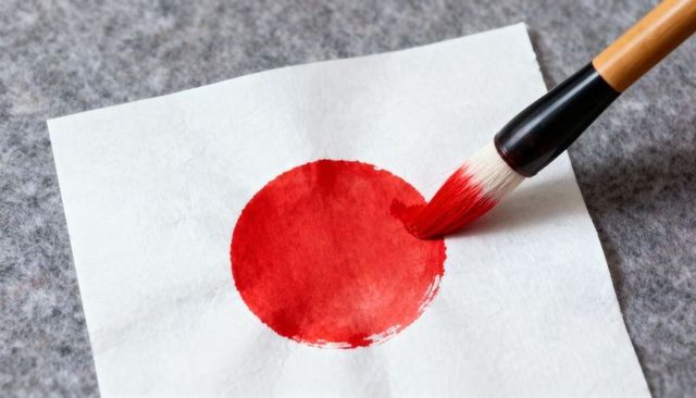 Painting red circular ink wash on white paper with round brush for Japanese flag design
