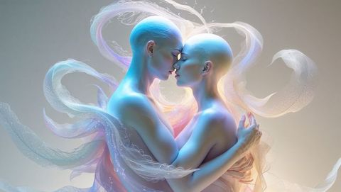 Androgynous Couple in Dreamlike Embrace with Ethereal Atmosphere