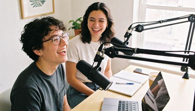 Two podcast hosts laughing and recording in bright home studio with microphones and laptop