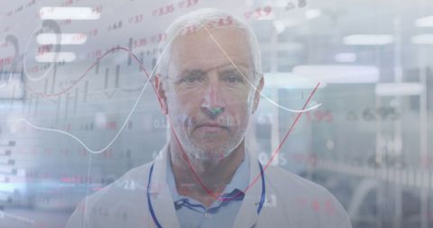 Elderly Male Doctor Analyzing Data with Technical Overlay