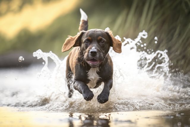 Black and brown labrador dog running in water over grass created using generative ai technology. Animals, pets and nature concept digitally generated image.