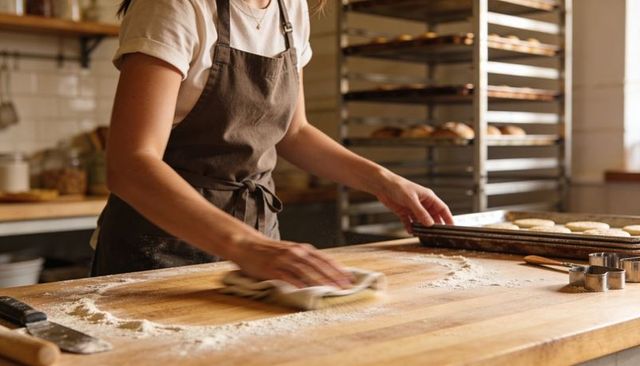 Artisan baker wiping flour from wooden workbench while preparing cookie dough on tray