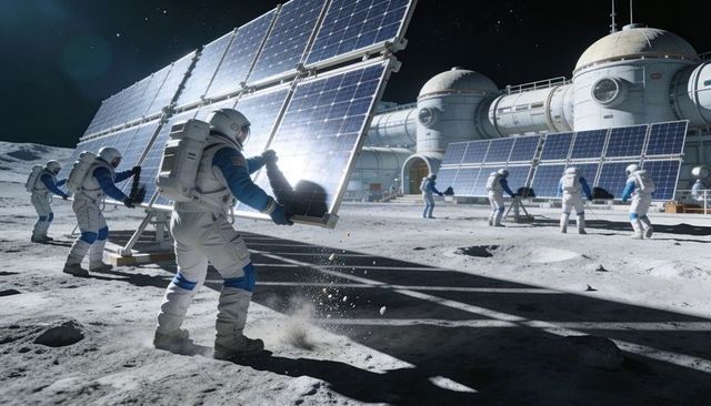 Astronaut crew installing solar panels at lunar outpost with domed habitat modules