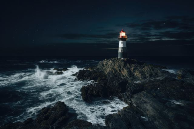 This photo depicts a lighthouse standing tall on a rocky coastline at night, with its light beam cutting through the dark sky and illuminating the surrounding area. The ocean waves crash dramatically against the rocks, creating a sense of power and majesty. This image can be used for themes related to maritime navigation, coastal environments, safety, and guiding light. Perfect for travel blogs, maritime literature, or promotional materials for coastal tourism.