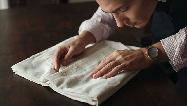 Artisan inspecting monogrammed white linens on dark wooden table, showing fabric texture