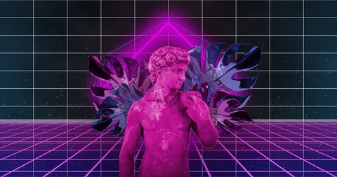 Neo-vaporwave aesthetic: neon pink statue with tropical elements