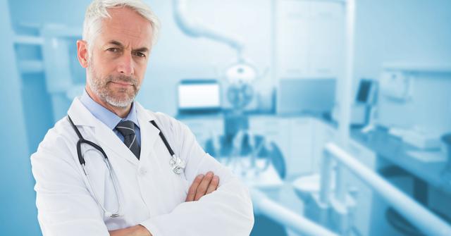 Digital composition of doctor standing with arms crossed at clinic