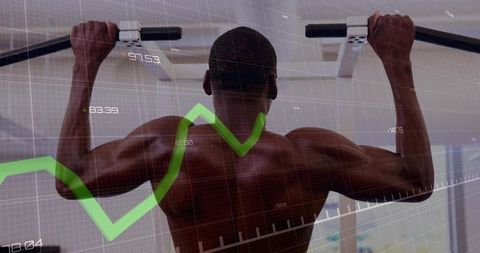 Muscular man performing pull-ups with green performance graph overlay tracking strength