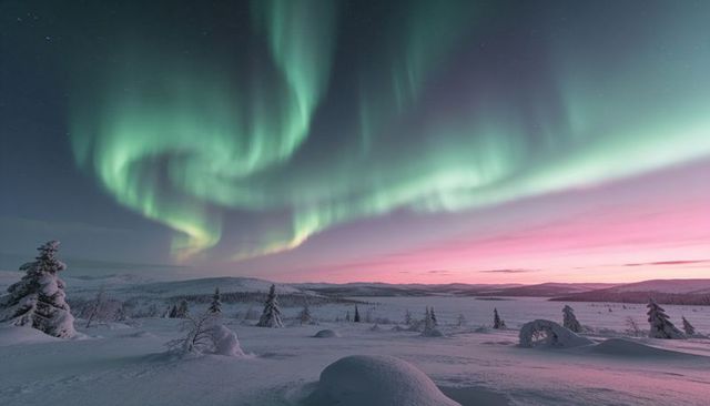Dancing aurora borealis sweeping arctic tundra twilight with pink horizon and snow drifts