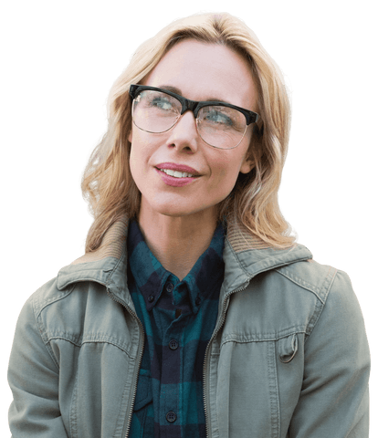 Thoughtful Caucasian Woman with Glasses on Transparent Background