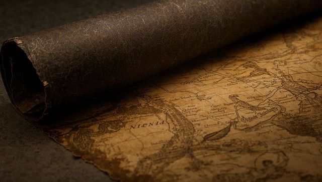 Unrolling antique parchment map with leather scroll and sepia coastline engraving