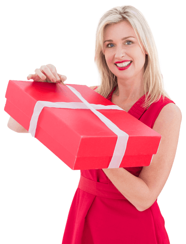 Smiling Woman Holding Present on Transparent Background