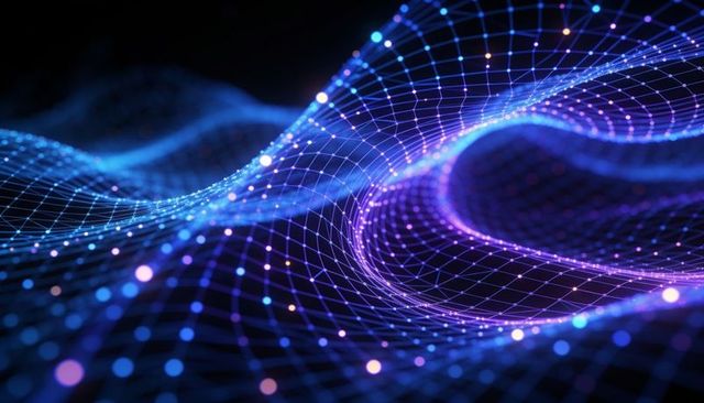 Neon wireframe mesh waves with glowing nodes and dynamic digital grid for technology and innovation