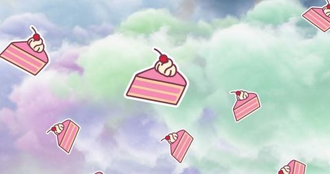 Floating cake icons on dreamy pastel clouds