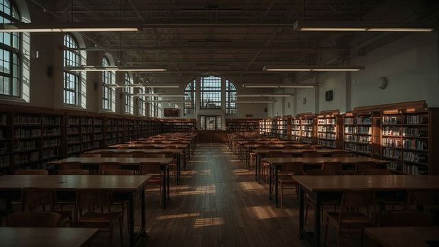 Sunlit Library Reading Hall with Wooden Furnishings