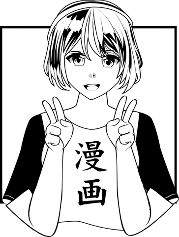 Manga-style girl showing peace sign on transparent background