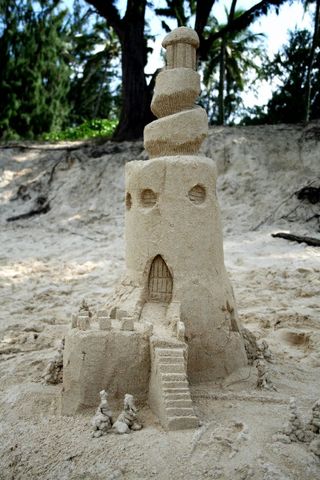 Intricate Sandcastle Designs with Tower on Beach
