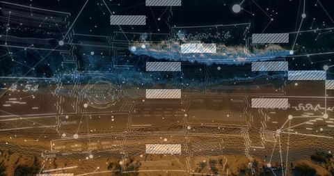 Aerial shoreline with digital HUD overlays at twilight mixing surf, sand and network grid