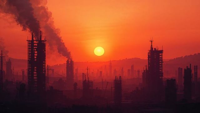 Sunset Glow Over Industrial Smokestacks and Skyline