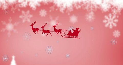 Santa sleigh silhouette gliding with three reindeer over snowflake gradient background