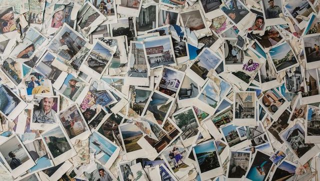 Torn polaroid collage evoking travel memories, layered prints, vintage nostalgia