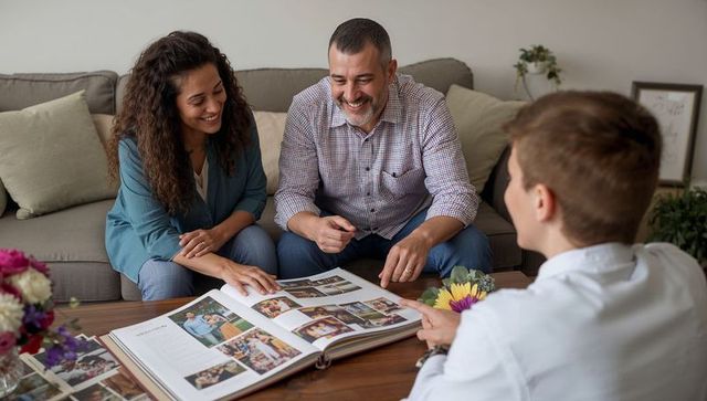 Smiling family browsing heirloom memory album on living room couch