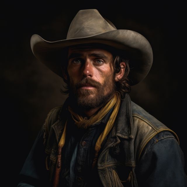 Portrait of rugged caucasian cowboy with hat and beard, created using generative ai technology. Wild west, american culture, history and folklore concept digitally generated image.