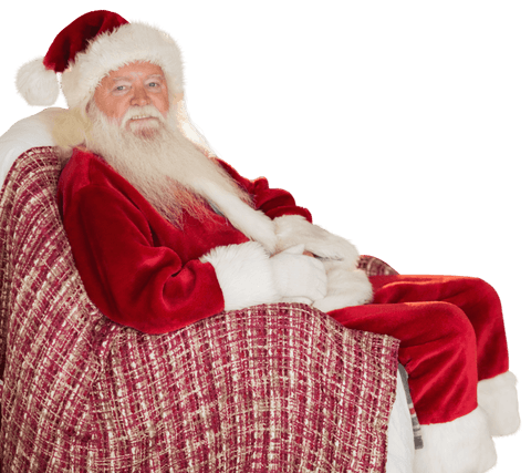 Cheerful Santa Claus Sitting in Cozy Red Armchair on Transparent Background