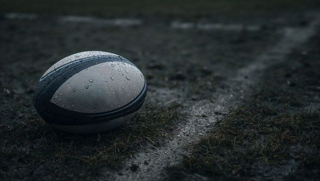 Wet rugby ball on muddy field amid rain