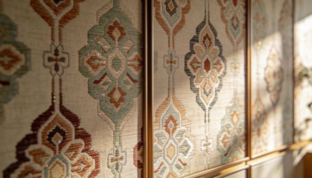Sunlit glowing woven panels showing metallic thread and geometric floral pattern