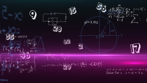 Digital Animation of Math Formulas and Numbers on Dark Background