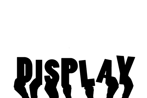 Transparent digital hands with rotated warping text overlay