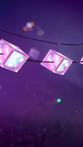Vertical video of glowing LED cube string pulsing purple neon for futuristic ambient loops