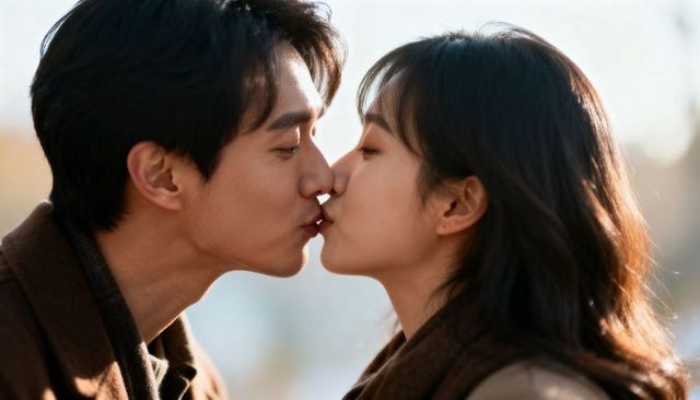 Asian couple sharing tender kiss during golden hour in park
