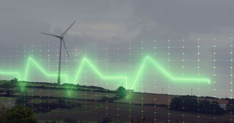 Wind turbine with green energy waveform overlaid in rural landscape